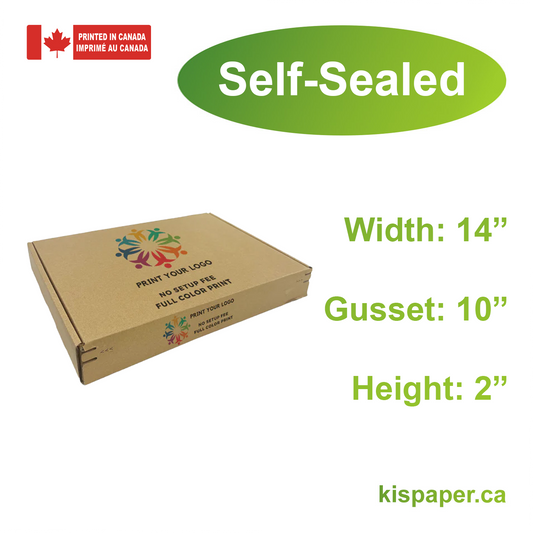 14" x 10" x 2" - Custom Kraft Mailer Boxes Self-Seal Tape - Bundle of 40 - KIS PAPER - 1277; Full Color Custom Print, Printed in Canada; From $2.715/pc