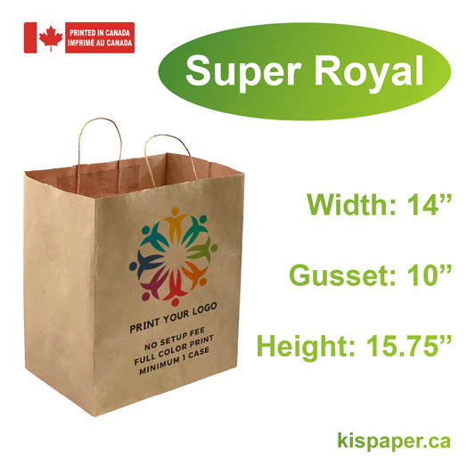 200pcs, Super Royal 14x10x15.75 inches Kraft Paper Bags Twist Handles; Full Color Custom Print, Printed in Canada