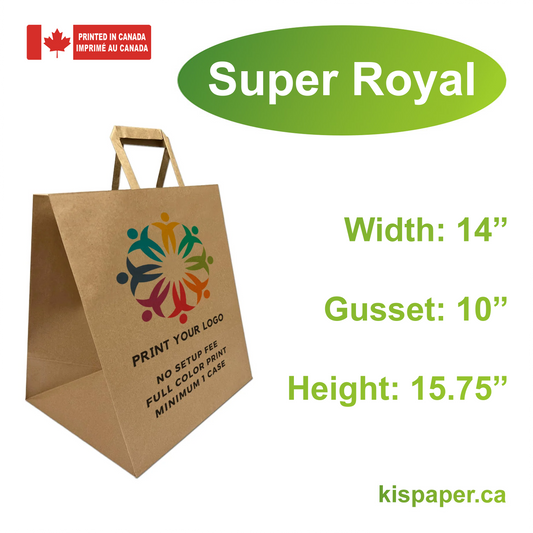 250pcs, Super Royal 14x10x15.75 inches Kraft Paper Bags Flat Handles; Full Color Custom Print, Printed in Canada