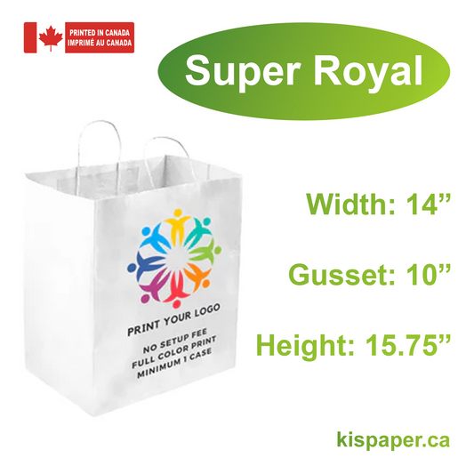 200pcs, Super Royal 14x10x15.75 inches White Paper Bags Twist Handles; Full Color Custom Print, Printed in Canada