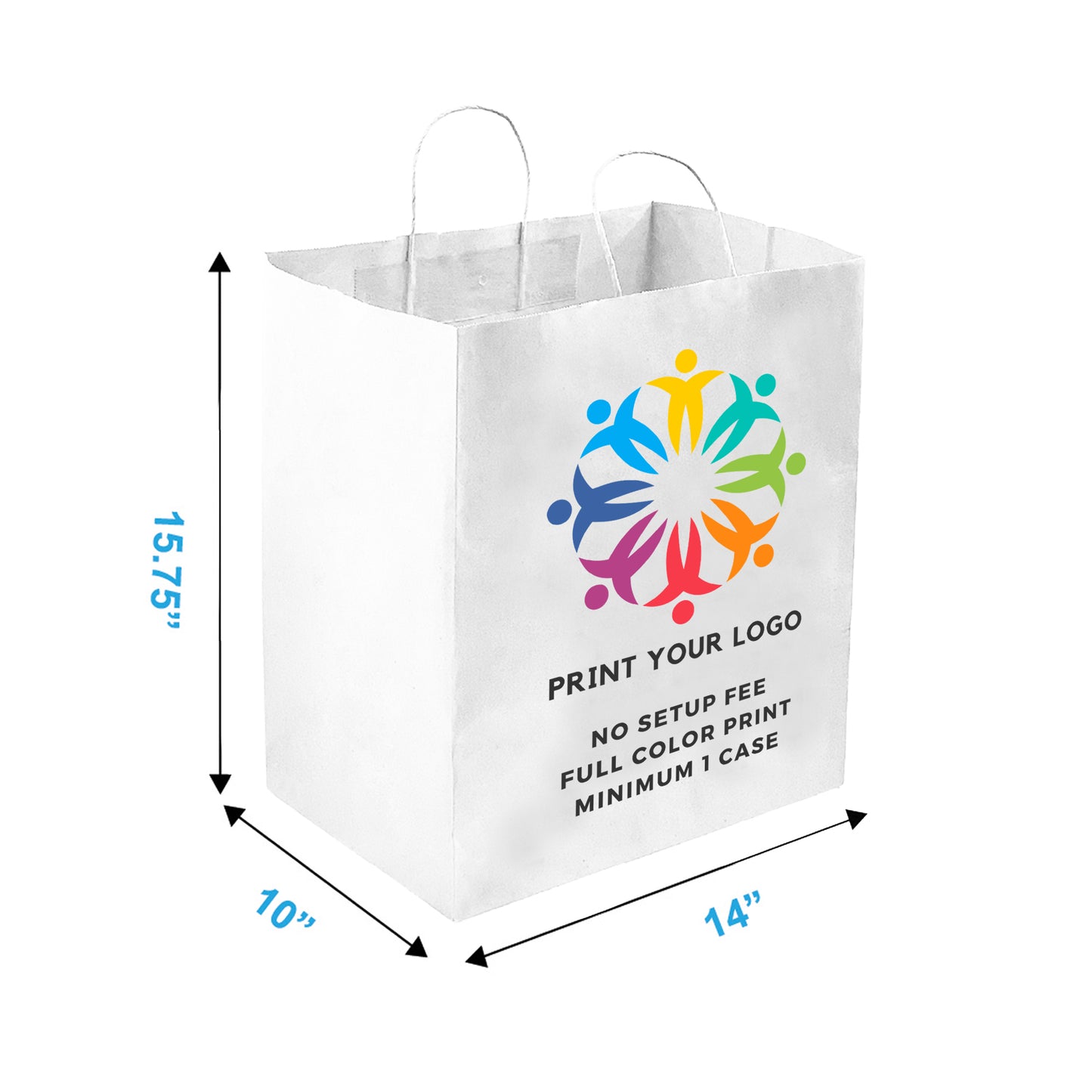 200pcs, Super Royal 14x10x15.75 inches White Paper Bags Twist Handles; Full Color Custom Print, Printed in Canada