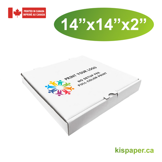 14" x 14" x 2" - Custom White Pizza Boxes - Carton of 50 - KIS PAPER - 5479; Full Color Custom Print, Printed in Canada; $1.69/pc