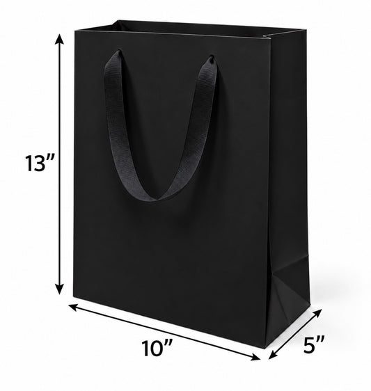 Euro Tote Laminated Black Paper Shopping Bag 10"x5"x13" with Black Grosgrain Ribbon Handles, 150 pcs/Case – SKU#6831