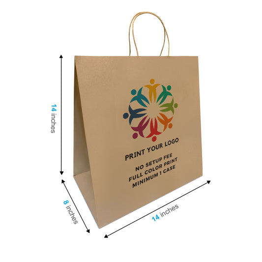 200pcs, Tiger 14x8x14 inches Kraft Paper Bags Twist Handles; Full Color Print, Printed in Canada