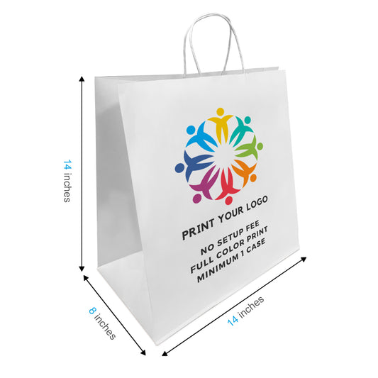 200pcs, Tiger 14x8x14 inches White Paper Bags Twist Handles; Full Color Print, Printed in Canada