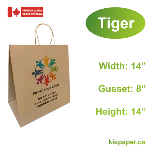 200pcs, Tiger 14x8x14 inches Kraft Paper Bags Twist Handles; Full Color Print, Printed in Canada