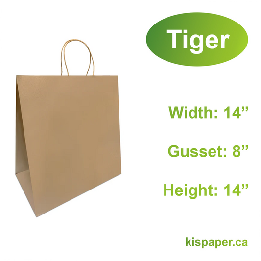 1484B | 200pcs Tiger 14x8x14 inches Kraft Paper Bags Twisted Handles; $0.55/pc