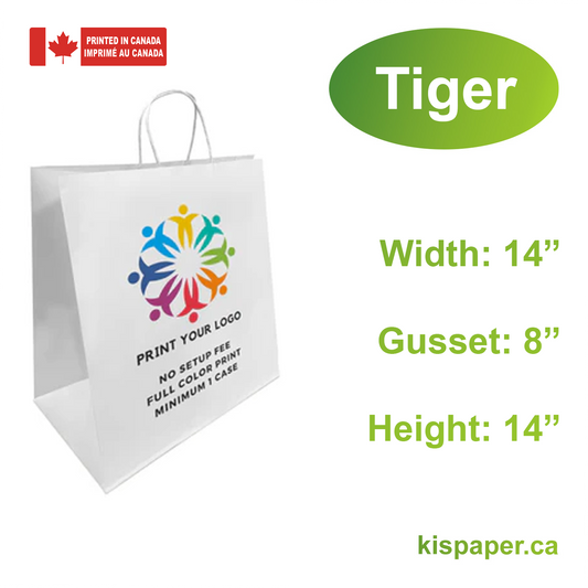 200pcs, Tiger 14x8x14 inches White Paper Bags Twist Handles; Full Color Print, Printed in Canada