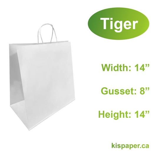 1484W | 200pcs Tiger 14x8x14 inches White Paper Bags Twisted Handles; $0.62/pc