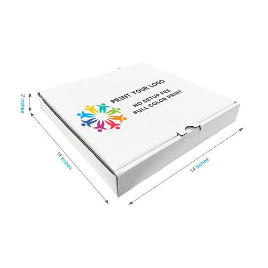 14" x 14" x 2" - Custom White Pizza Boxes - Carton of 50 - KIS PAPER - 1368; Full Color Custom Print, Printed in Canada; $1.69/pc