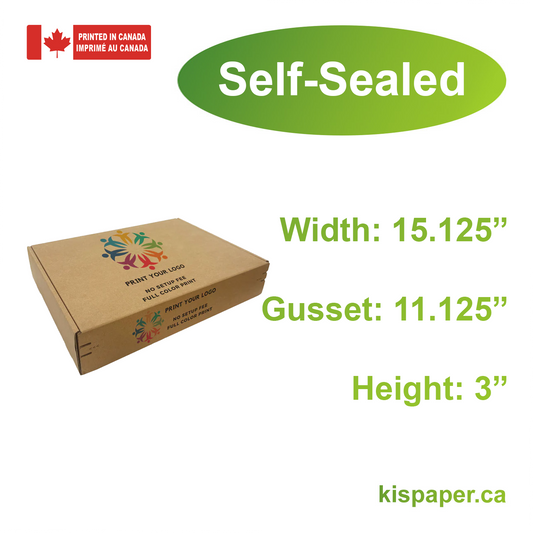 15.125" x 11.125" x 3" - Custom Kraft Mailer Boxes Self-Seal Tape - Bundle of 40 - KIS PAPER - 1280; Full Color Custom Print, Printed in Canada; From $2.823/pc