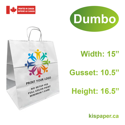 200pcs, Dumbo 15x10.5x16.5 inches White Paper Bags Twisted Handles, Full Color Print, Printed in Canada