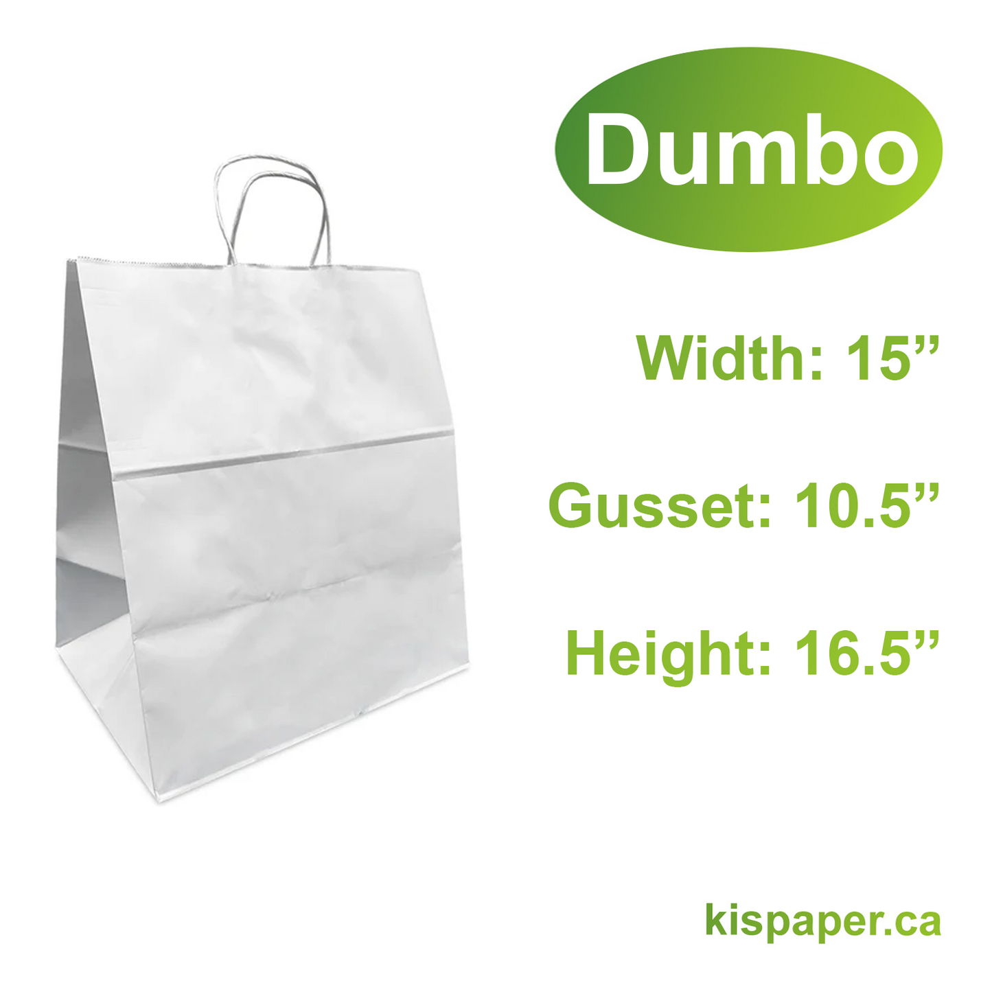 1506W | Dumbo 15x10.5x16.5 inches White Paper Bags Twisted Handles; $0.75/pc, 200pcs/case, sold by case