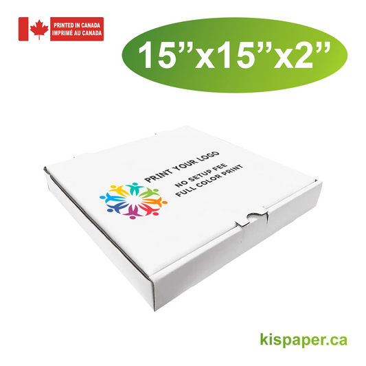 15" x 15" x 2" - Custom White Pizza Boxes - Carton of 50 - KIS PAPER - 5480; Full Color Custom Print, Printed in Canada; $1.90/pc