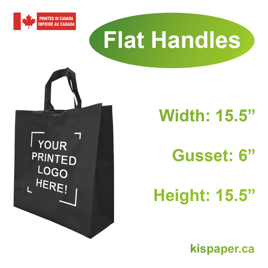 200pcs, Non-Woven Reusable Grocer Bag 15.5x6x15.5 inches Black Shopping Bags Flat Handles, One Color Custom Print, Printed in Canada