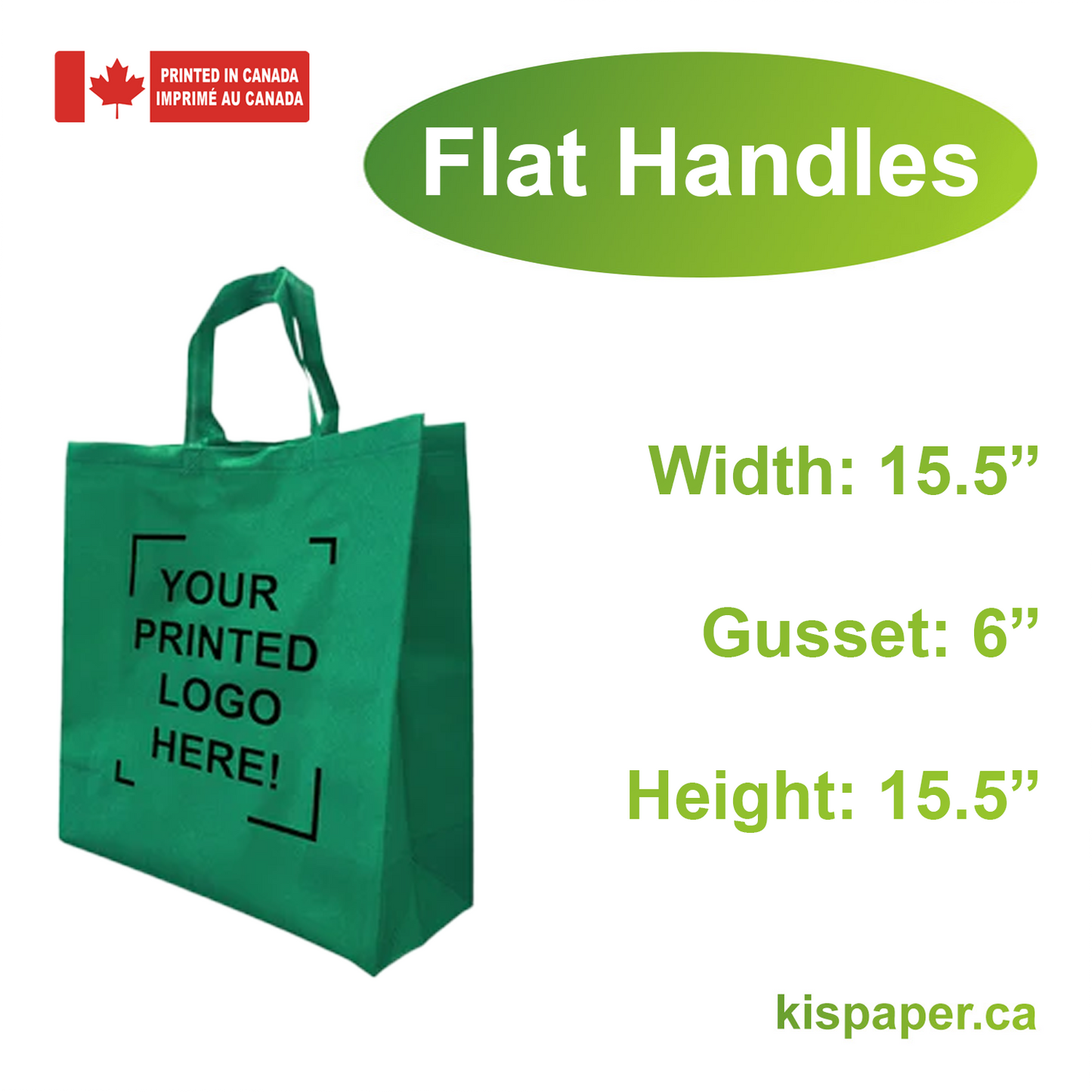 200pcs, Non-Woven Reusable Grocer Bag 15.5x6x15.5 inches Dark Green Shopping Bags Flat Handles, One Color Custom Print, Printed in Canada