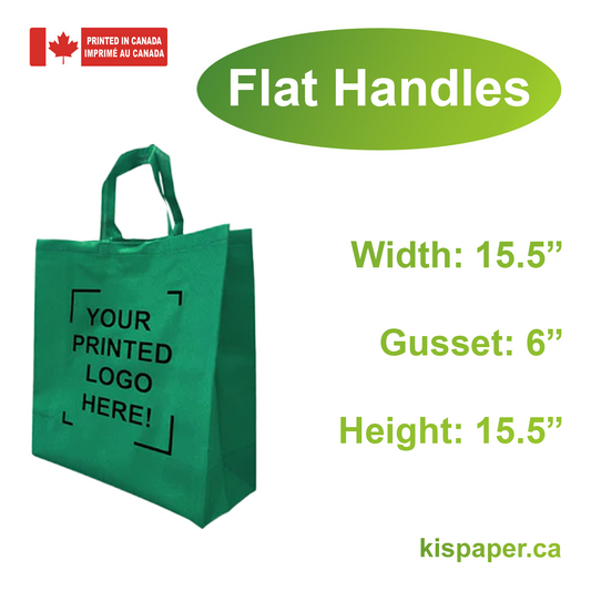 200pcs, Non-Woven Reusable Grocer Bag 15.5x6x15.5 inches Dark Green Shopping Bags Flat Handles, One Color Custom Print, Printed in Canada