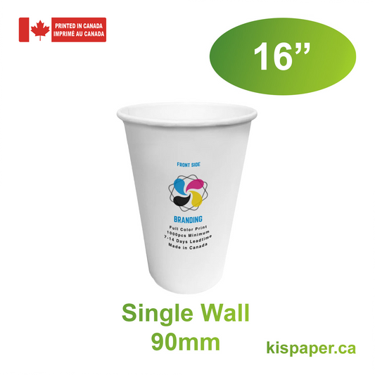 1000pcs 16oz, 473ml Single Wall White Paper Hot Cups with 90mm Opening; Full Color Custom Print, Printed in Canada