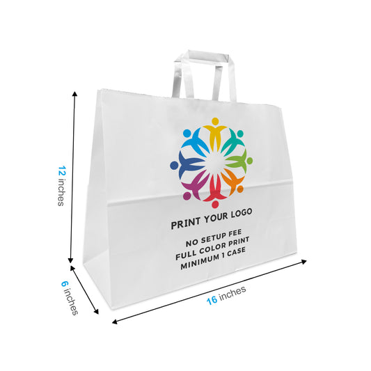 300pcs, Vogue 16x6x12 inches White Paper Bags Flat Handles; Full Color Custom Print, Printed in Canada