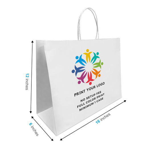 250pcs, Vogue 16x6x12 inches White Paper Bags Twist Handles, Full Color Custom Print, Printed in Canada