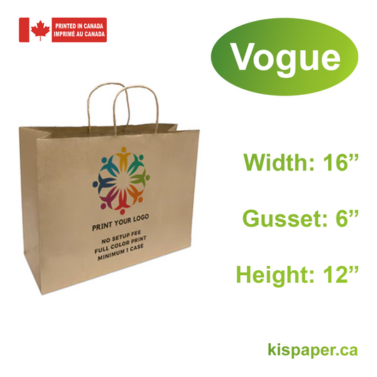 250pcs, Vogue 16x6x12 inches Kraft Paper Bags Twist Handles, Full Color Custom Print, Printed in Canada