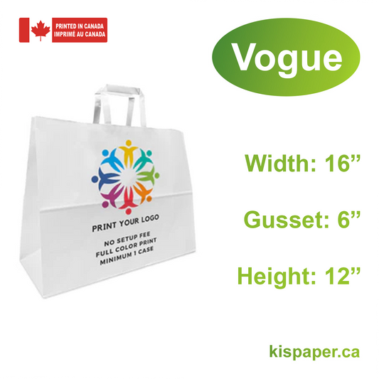 300pcs, Vogue 16x6x12 inches White Paper Bags Flat Handles; Full Color Custom Print, Printed in Canada