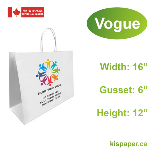 250pcs, Vogue 16x6x12 inches White Paper Bags Twist Handles, Full Color Custom Print, Printed in Canada