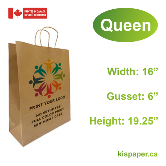 200pcs, Queen 16x6x19.25 inches Kraft Paper Bags Twist Handles; Full Color Custom Print, Printed in Canada