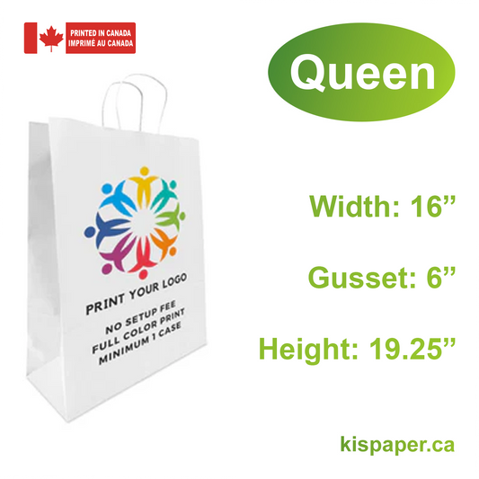 200pcs, Queen 16x6x19.25 inches White Paper Bags Twist Handles; Full Color Custom Print, Printed in Canada