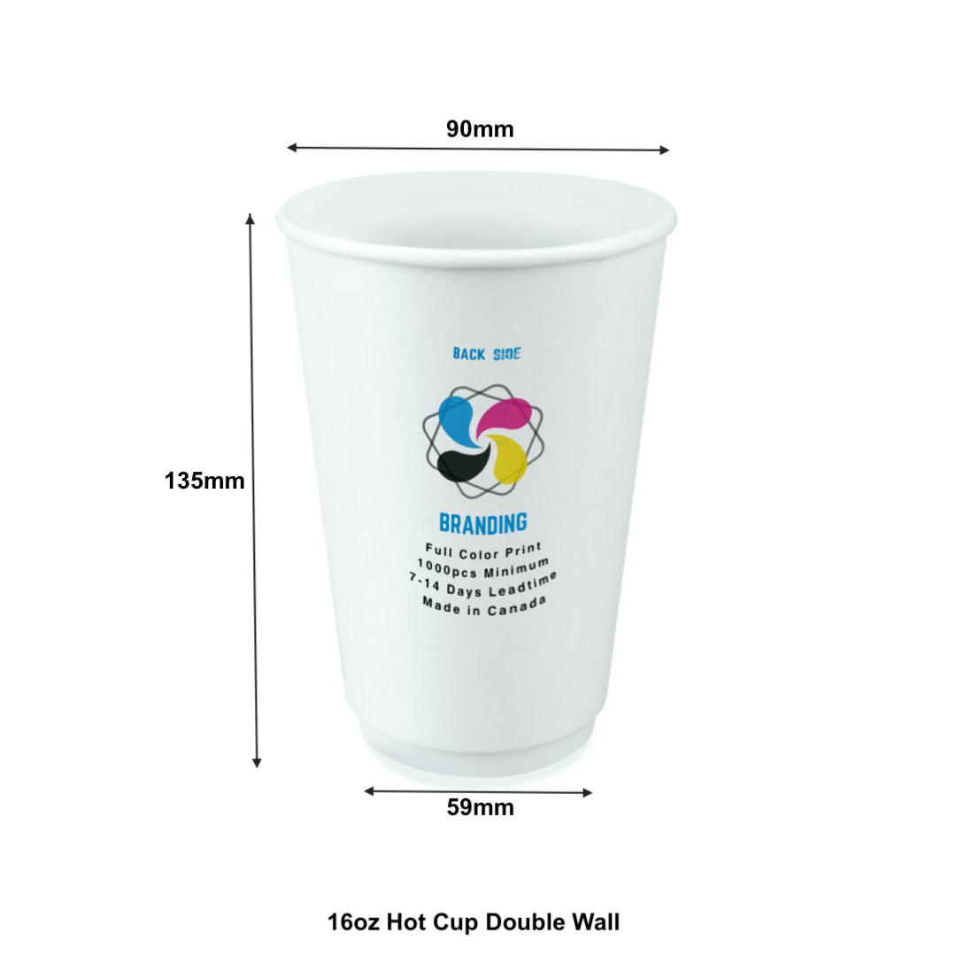 500pcs 16oz, 473ml Double Wall White Paper Hot Cups with 90mm Opening; Full Color Custom Print, Printed in Canada