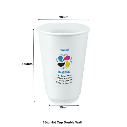 500pcs 16oz, 473ml Double Wall White Paper Hot Cups with 90mm Opening; Full Color Custom Print, Printed in Canada