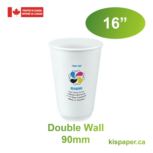 500pcs 16oz, 473ml Double Wall White Paper Hot Cups with 90mm Opening; Full Color Custom Print, Printed in Canada