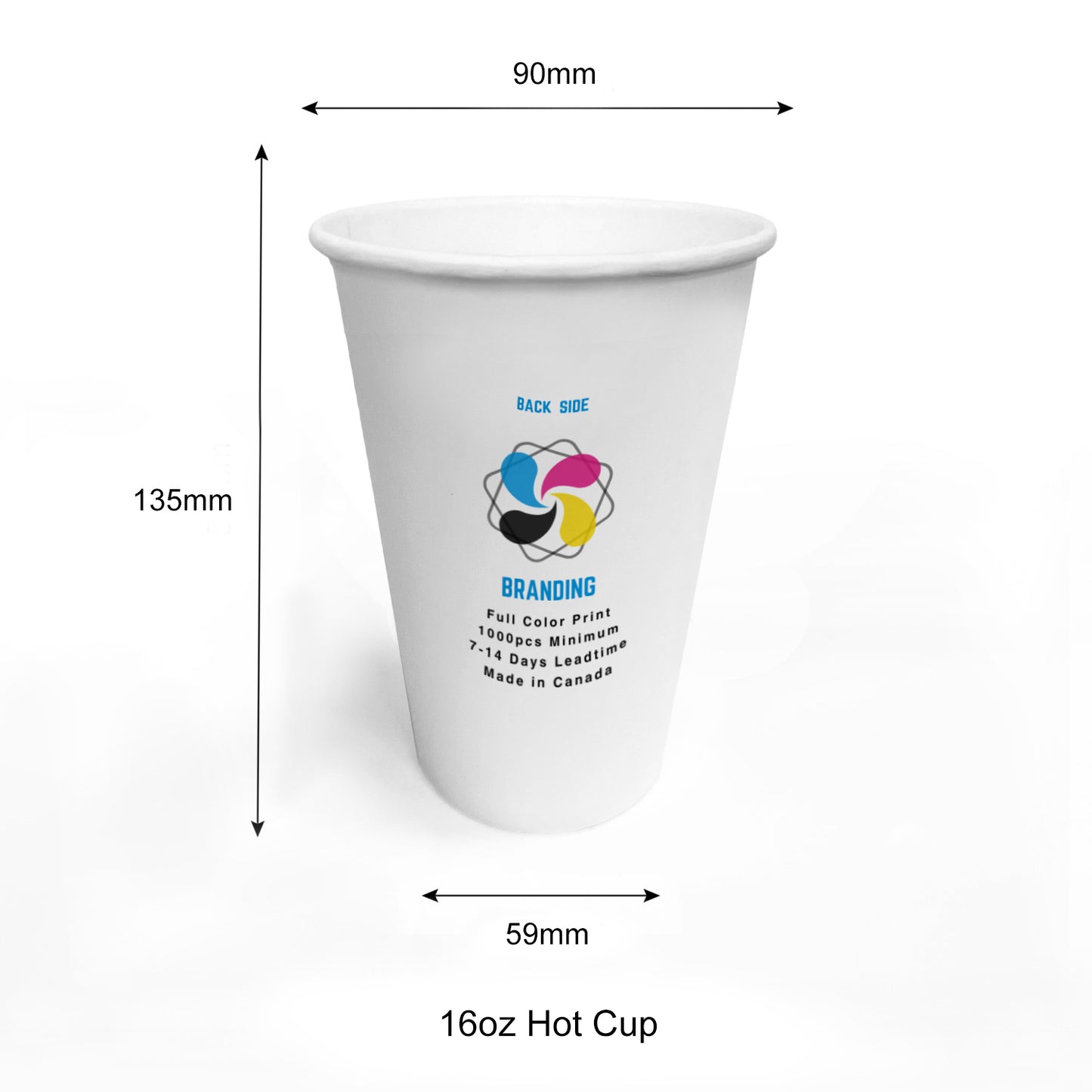 1000pcs 16oz, 473ml Single Wall White Paper Hot Cups with 90mm Opening; Full Color Custom Print, Printed in Canada
