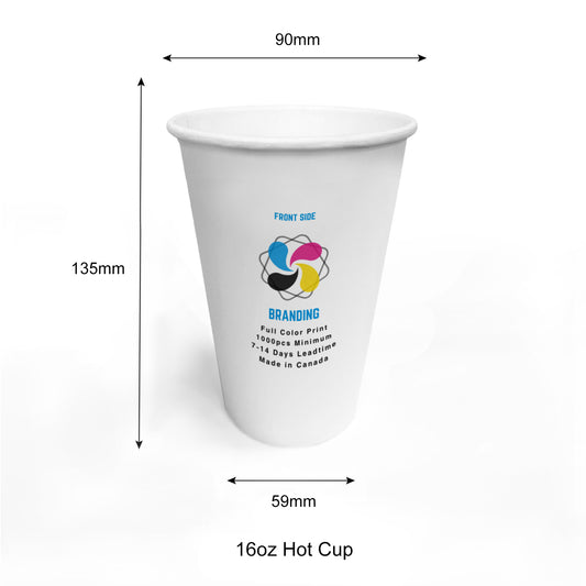 1000pcs 16oz, 473ml Single Wall White Paper Hot Cups with 90mm Opening; Full Color Custom Print, Printed in Canada