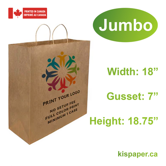 200pcs, Jumbo 18x7x18.75 inches Kraft Paper Bags Twist Handles; Full Color Custom Print, Printed in Canada