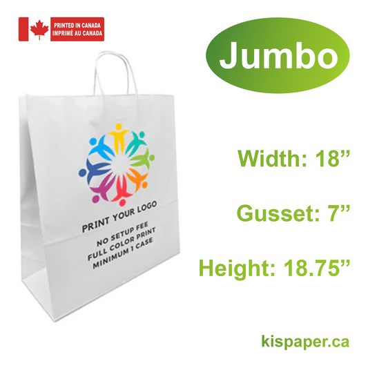 200pcs, Jumbo 18x7x18.75 inches White Paper Bags Twisted Handles; Full Color Custom Print, Printed in Canada