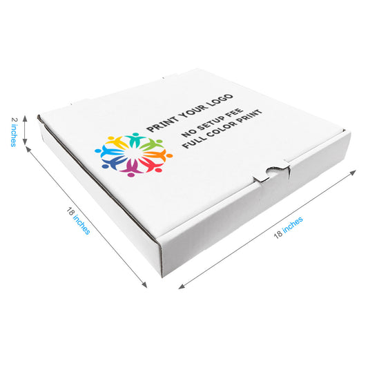 18" x 18" x 2" - Custom White Pizza Boxes - Carton of 50 - KIS PAPER - 1370; Full Color Custom Print, Printed in Canada; $2.35/pc