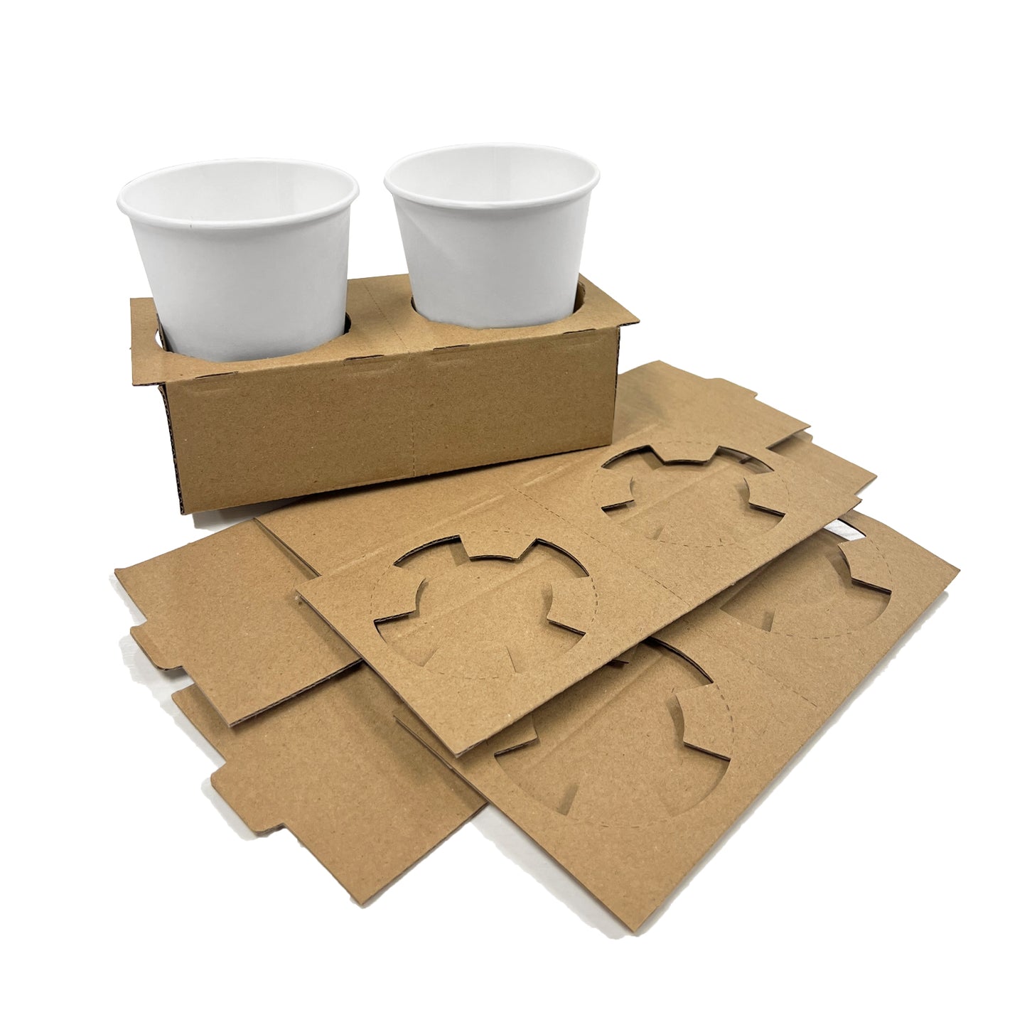 2 Cups - Kraft Foldable Paper Cup Holder Tray Corrugated - Carton of 400 - KIS PAPER - 1218; C$0.10/pc