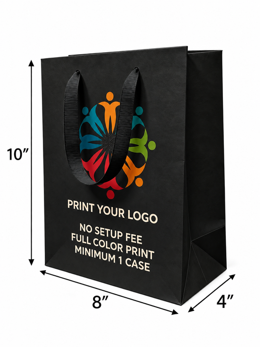 Custom Printed Euro Tote Laminated Cub Black Paper Bags (8.5″ × 4.75″ × 10.25″) with Ribbon Handles - SKU 6122