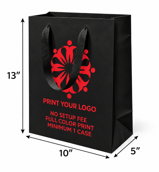 Custom Printed Euro Tote Laminated Debbie Black Paper Bags (10″ × 5″ × 13″) with Ribbon Handles - SKU #6831