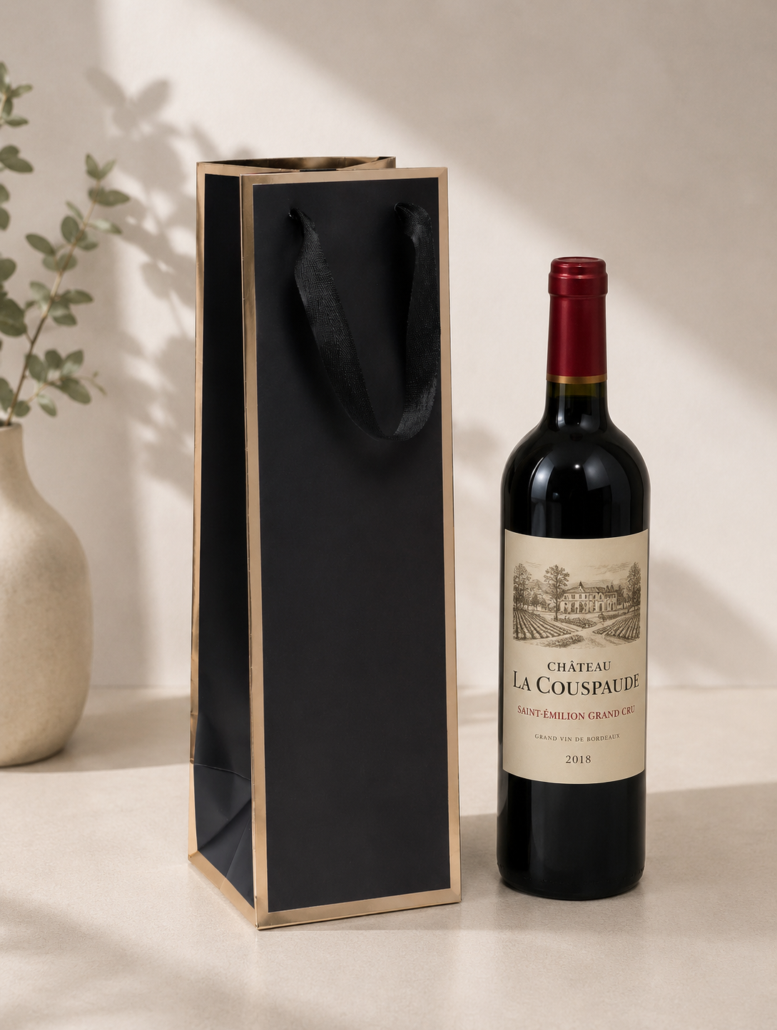 Black Queen West Wine Bags Gold Foil Edge 4.5 x 4.5 x 15 inches with Twill Ribbon Handles