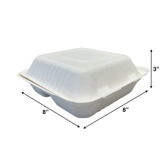 KIS-S8833 | 8x8x3 inches, 3-Compartment, Sugarcane Clamshell Food Container; $0.200/pc