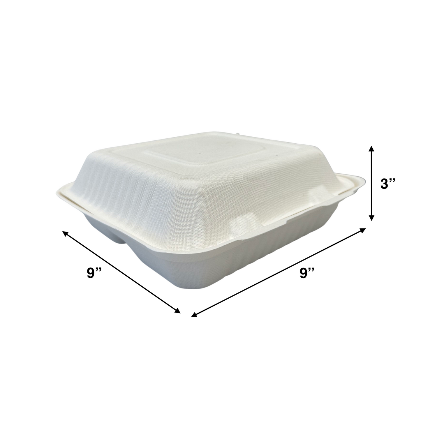 KIS-S9933 | 9x9x3 inches, 3-Compartment, Sugarcane Clamshell Food Container; $0.230/pc