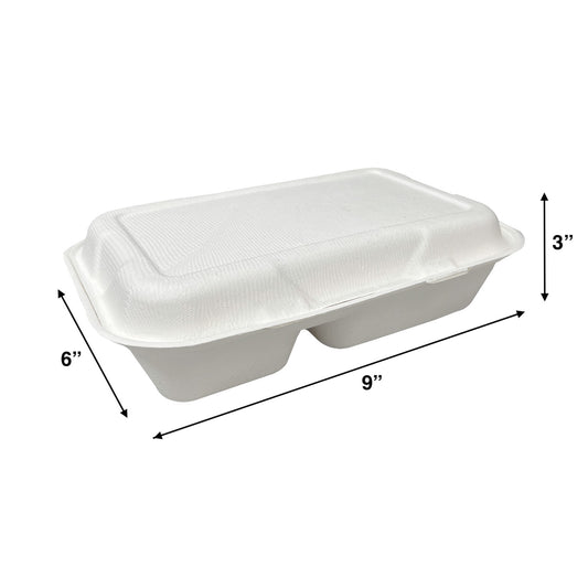 KIS-S9632 | 9x6x3 inches, 2-Compartment, Sugarcane Clamshell Food Container; $0.170/pc