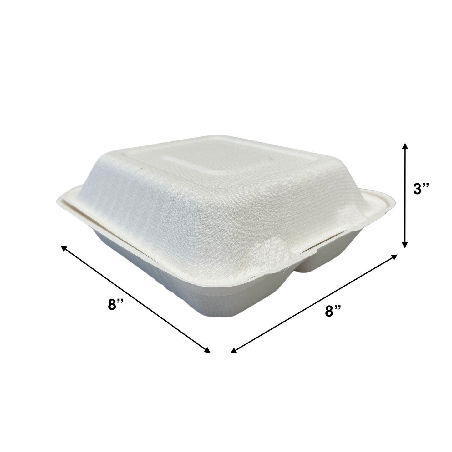 KIS-S8832 | 8x8x3 inches, 2-Compartment, Sugarcane Clamshell Food Container; $0.200/pc