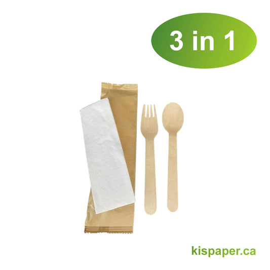 Cultery Set 3 in 1 - Wooden Fork/Wooden Spoon/Napkin - Carton of 500 - KIS PAPER - 1103; $0.094/pc