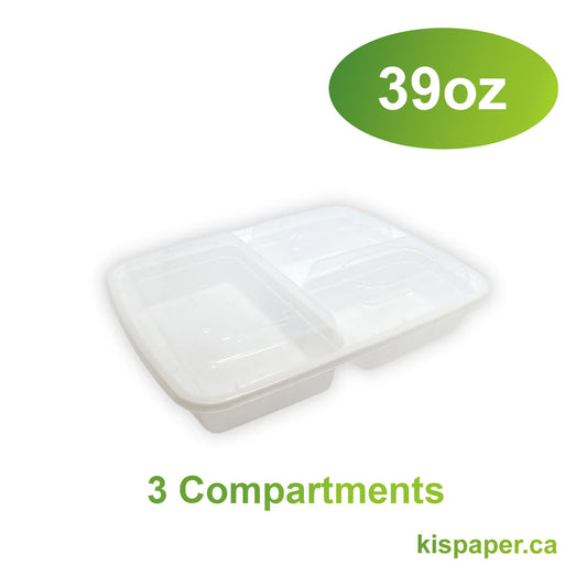 39oz - 9" x 6" PP Rectangle Container Combo Set White 3 Compartments - Carton of 150 - KIS PAPER - 5161; $0.39/set