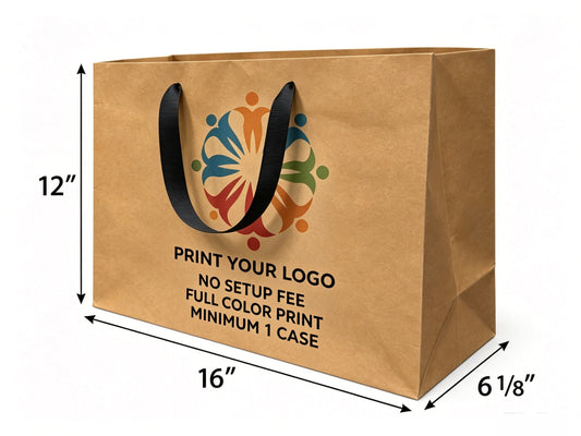 Custom Printed Euro Tote Vogue Kraft Paper Bags 16" x 6" x 12" with Ribbon Handles - SKU #5313