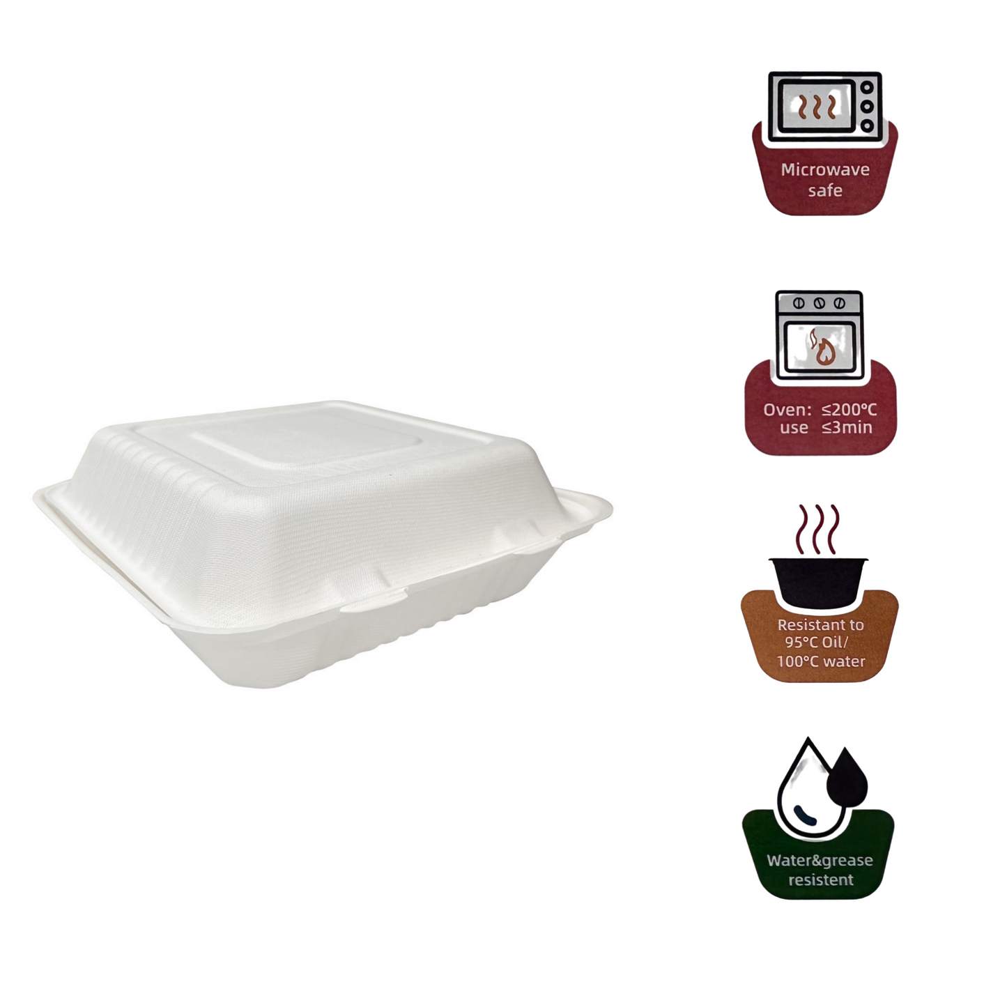 200 Pcs, 9x9x3'', 1-Compartment, Sugarcane Clamshell Food Container