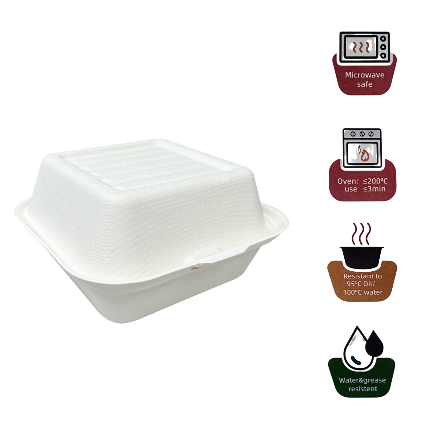 500 Pcs, 6x6x3'', 1-Compartment, Sugarcane Clamshell Food Container